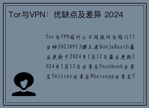 Tor与VPN：优缺点及差异 2024 